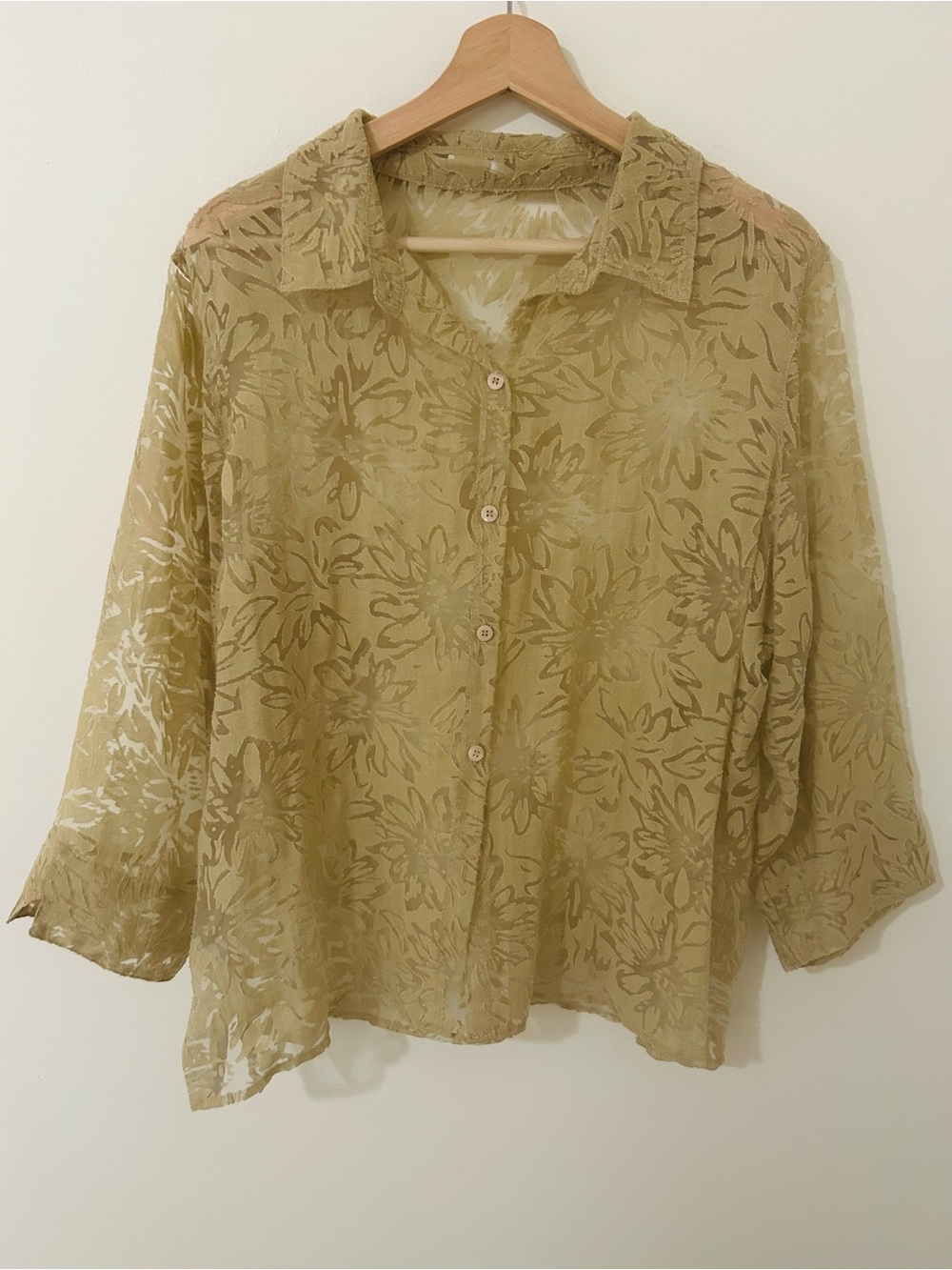 Vintage 90s Floral Burnout Sheer Button Down Blouse Tan Beige XLP